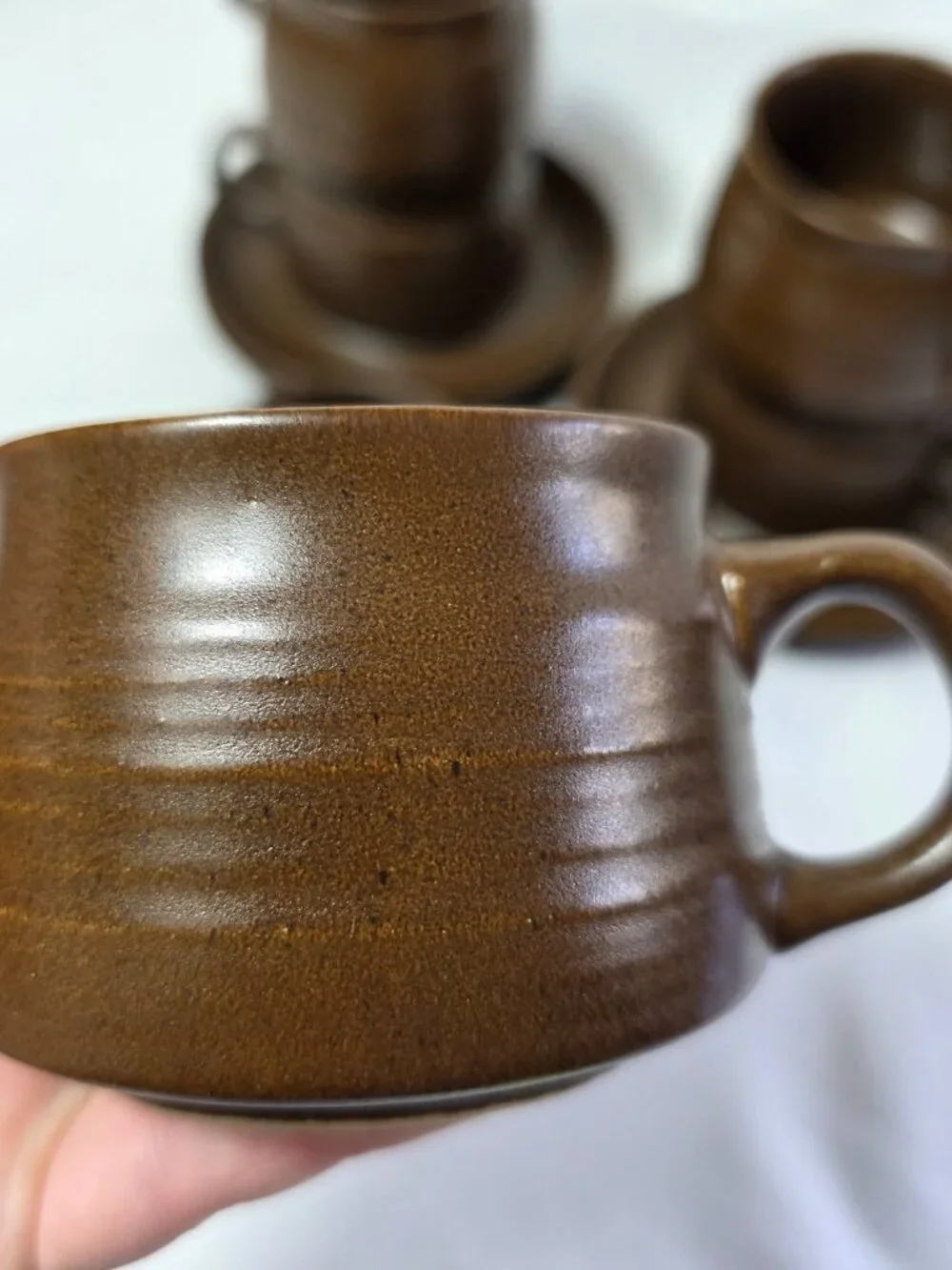 Six Denby Langley Mayflower Cup & Saucer Sets Brown with Bands